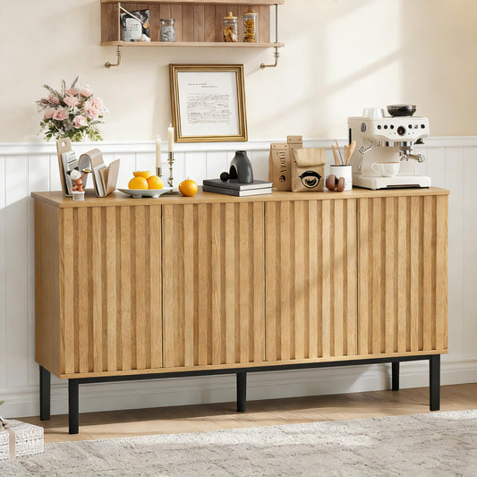 Garvee 60 Inch Sideboard Buffet Cabinet with Fluted Doors, Modern Wood Storage Cabinet with Adjustable Shelf, Freestanding Coffee Bar for Dining Room Living Room