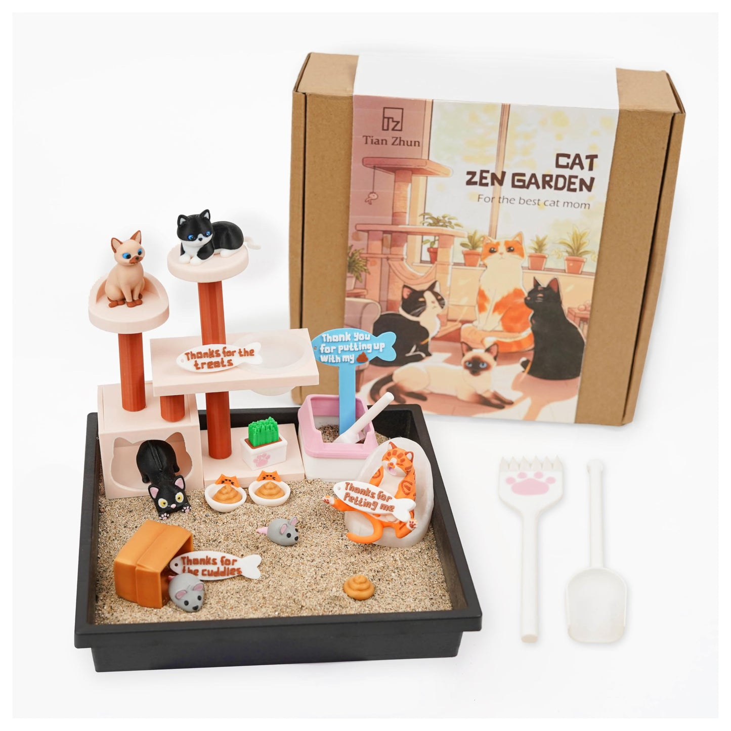 Tian Zhun Cat Lover Gifts for Women Adults Cat Mom Gifts Mini Zen Garden for Desk Cats Themed Gift Sand Tray Therapy Kit Sand Included