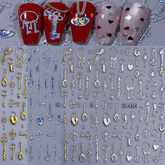 4 Sheets 5D Embossed Key Nail Stickers Silver Key Nail Designs Laser Hearts Lock Nails Supplies 3D Self-Adhesive Laser Keys Ring Rose Gold Lock Bone Nails Decals for Women DIY Manicure