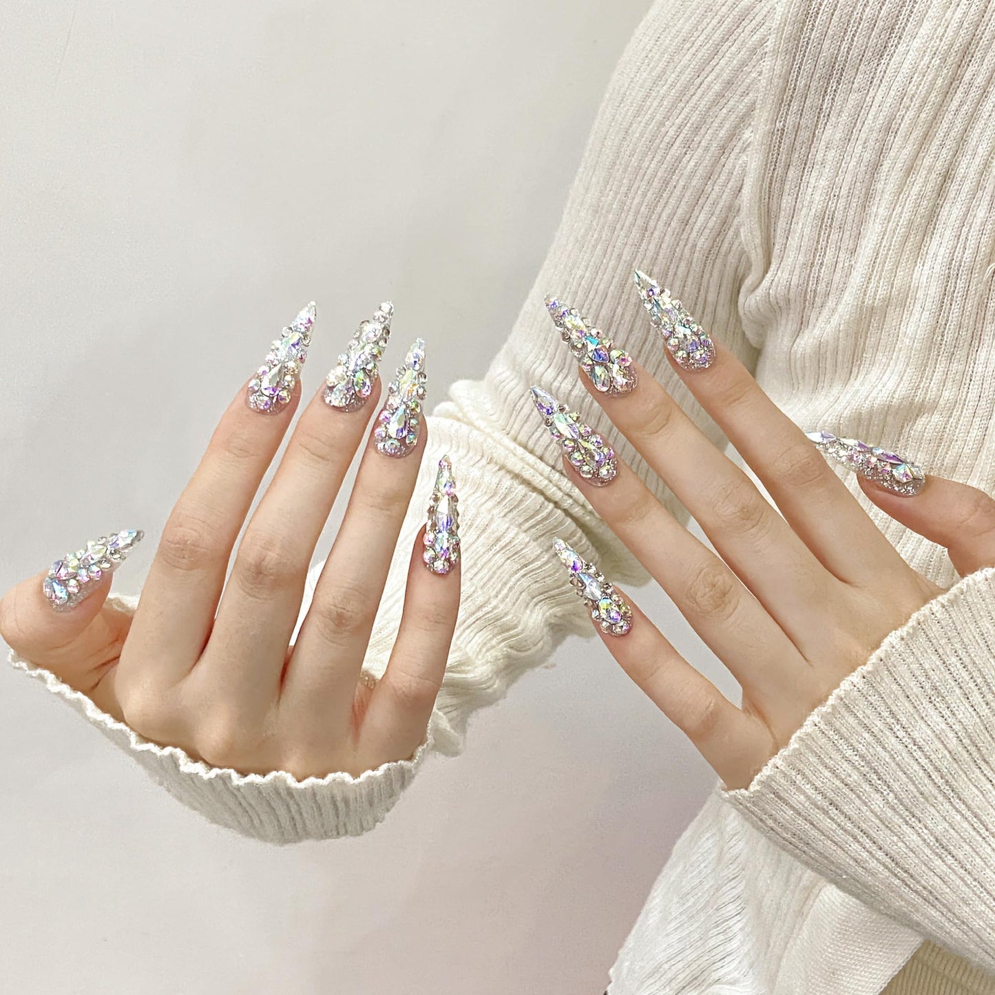 NLSJMP 3D Handmade Long Stiletto Press on Nails Almond Acrylic Fake Nails Kit,Rhinestone Luxury glitter Design Nail Art Kit,Reusable False nails,Include Toolkit,10Pcs,Size S,#986