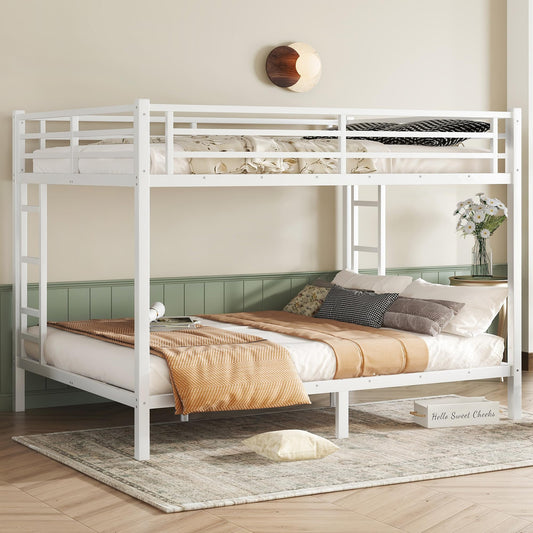 Queen Over Queen Bunk Bed for Adults, Teens, Heavy Duty Bunk Beds with 2 Ladder and Safety Guardrails, Adults Bunk Beds with Noise-Reducing Rubber Stoppers, Easy Assemble, White