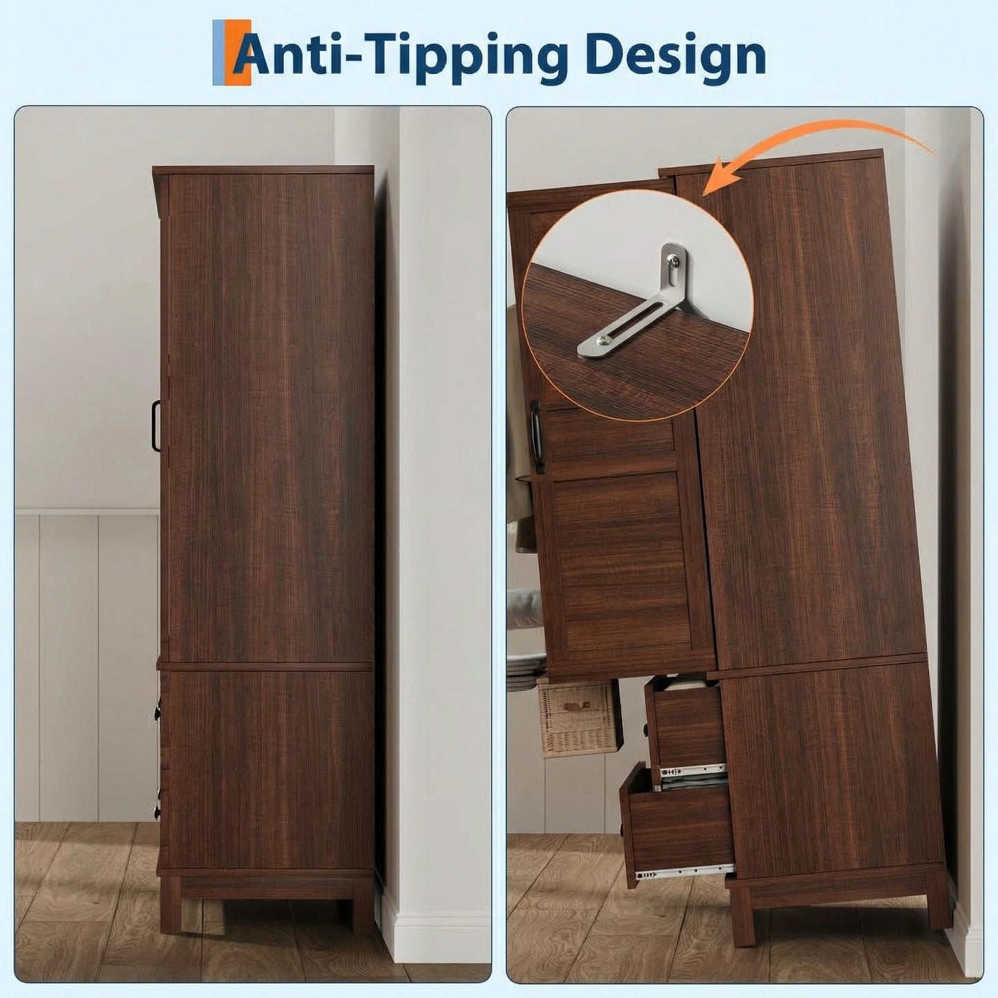 IDEALHOUSE Armoire Wardrobe Closet with 2 Drawers, 72" Tall Wooden Clothing Wardrobe with Hanging Rod & DIY Adjustable Shelf, Heavy Duty Bedroom Armoire Storage Cabinet with Doors, Walnut