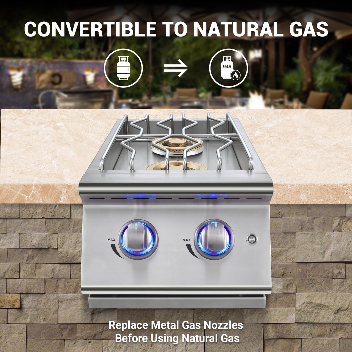 Livory Double Grilling Side Burners for Outdoor Kitchen, 2 * 17,000BTU Liquid Propane Burners, Convertible to Natural Gas, Duty Heavy 304 Stainless Steel, Built-in Side Burner for BBQ Island Grill