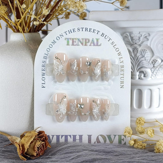 TENPAL 3D Butterfly Cat Eye Glitter French Press on Nails Medium Almond,Galaxy Icy Shimmer Rhinestones Designs with Full Manicure Kit 10pcs(XS)