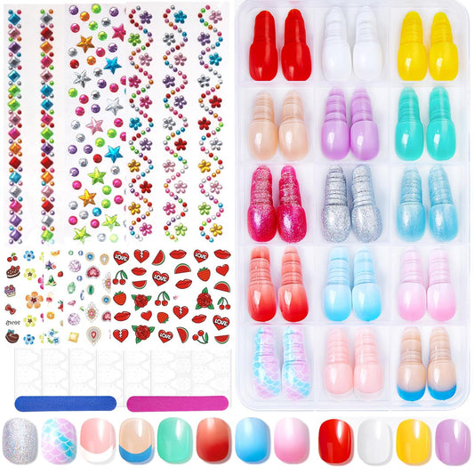 WTSR 15 Style Press On Nails for Girls, DIY Press On Nails for Kids, 6 Sheet Fruit Heart Flower Nail Stickers for Kids, 3D Rhinestone Stickers Colorful, Nail Art Kit for Girls