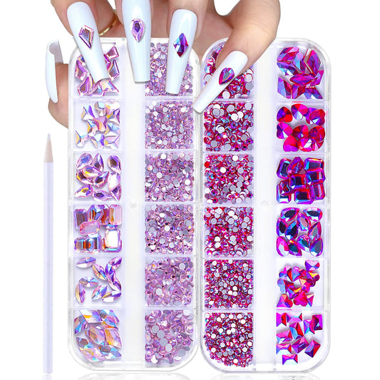 WOKOTO 2 Box Flat Back Pink and Rose AB Nail Rhinestones for Nails Art Rhinestones for Crafts Big Pink Nail Crystal Rhinestones for Acrylic Nails Diamonds for Nails Stones Crystals for Nails