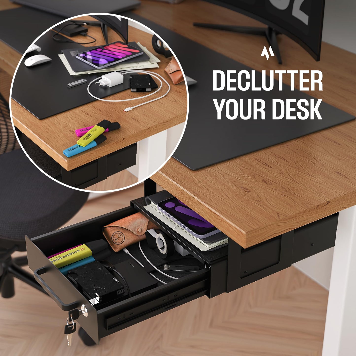Under Desk Drawer Slide-Out – Lockable Metal Storage Drawers with Cable Management for Office & Home (Double, Non-Bracketed)