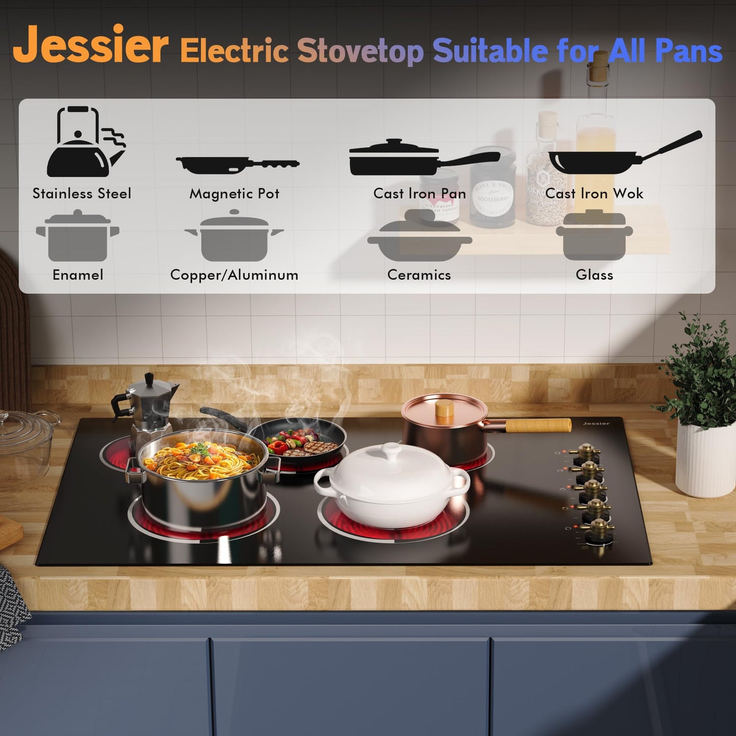 Jessier Electric Cooktop 36 Inch - Drop-in(34.25"x19.3") 5 Burner Electric Stove Top 8400W High Power, 36" Ceramic Cooktop Stove with Knob Touch, Dual Ring, Overheat Protection, 220-240V Hard Wired