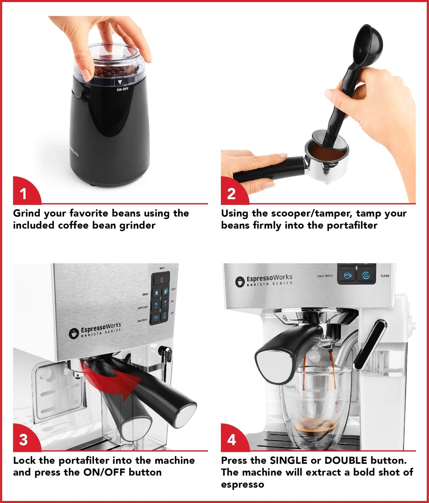 EspressoWorks 19-Bar Espresso, Latte and Cappuccino Maker 10-Piece Set - Brew Cappuccino and Latte with One Button - Espresso Machine with Milk Steamer 1250W - Coffee Gifts (White)