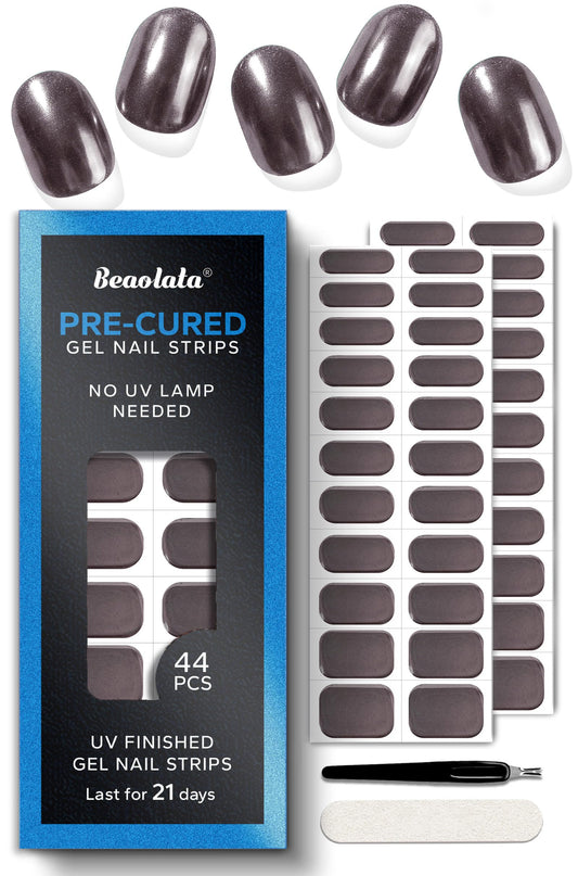 Beaolata Real Gel Nail Strips (No UV Light Needed) - 44Pcs Salon Quality Nail Stickers - Long Lasting Polish Wraps for Women, Easy Apply & Remove (Chrome Cocoa Brown)