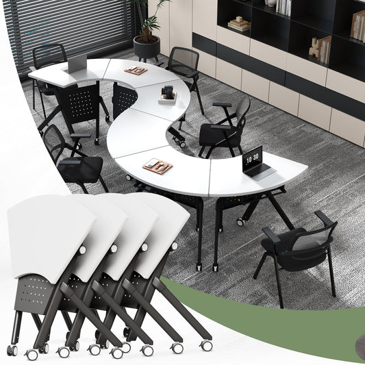 JFazzruit Folding Conference Table,Fan-Shaped Conference Room Tables with Wheels, Mobile Modular Seminar Meeting Desk for Classrooms,Office & Seminar (4, Fan-White)