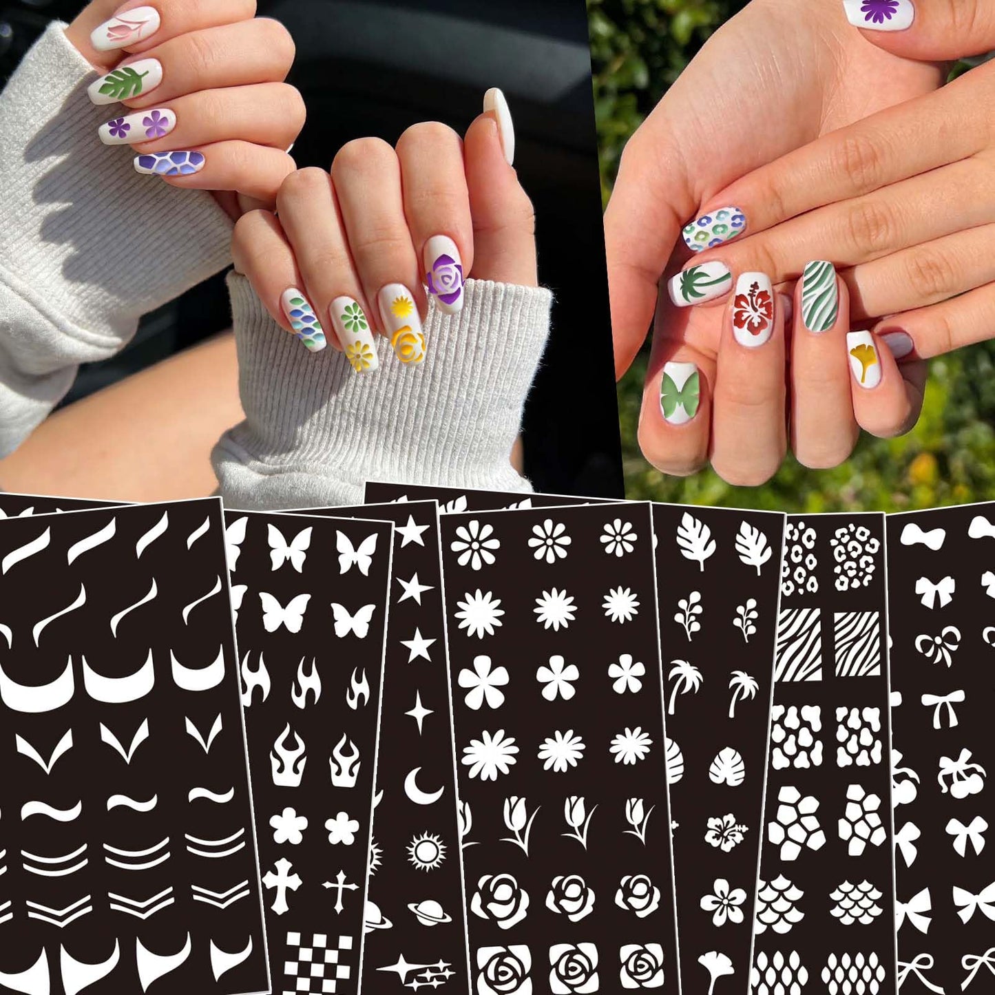 Nail Art Acrylic Marker Pens Stencils Set, 24 Dual Tip Markers + 14 Nail Stencils Heart Lips Flowers Butterfly Nail Stickers for Women Girl, Quick-Dry Nail Art Dotting Pen, DIY Nails Art Design Tools