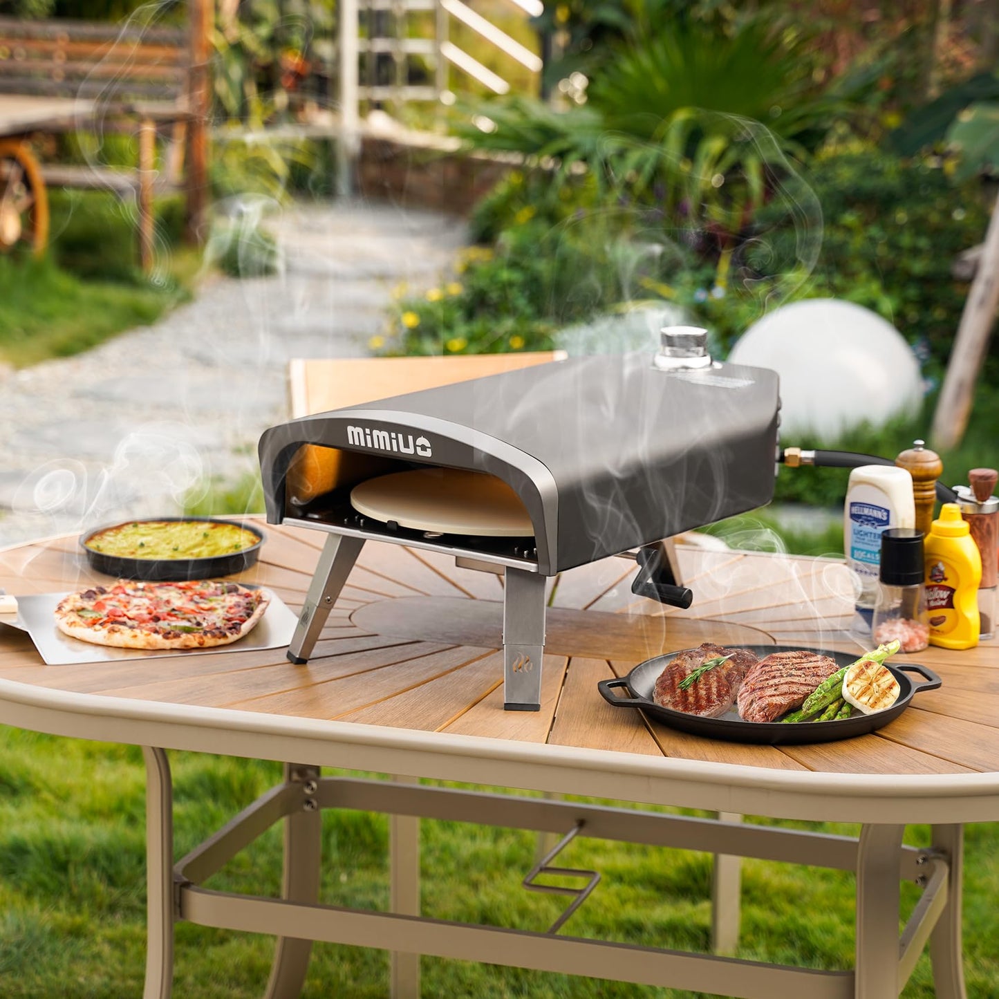 Mimiuo Outdoor Gas Pizza Oven Portable Propane Pizza Grilling Stove with Manual Rotation System, Oven Cover, Pizza Stone and Pizza Peel