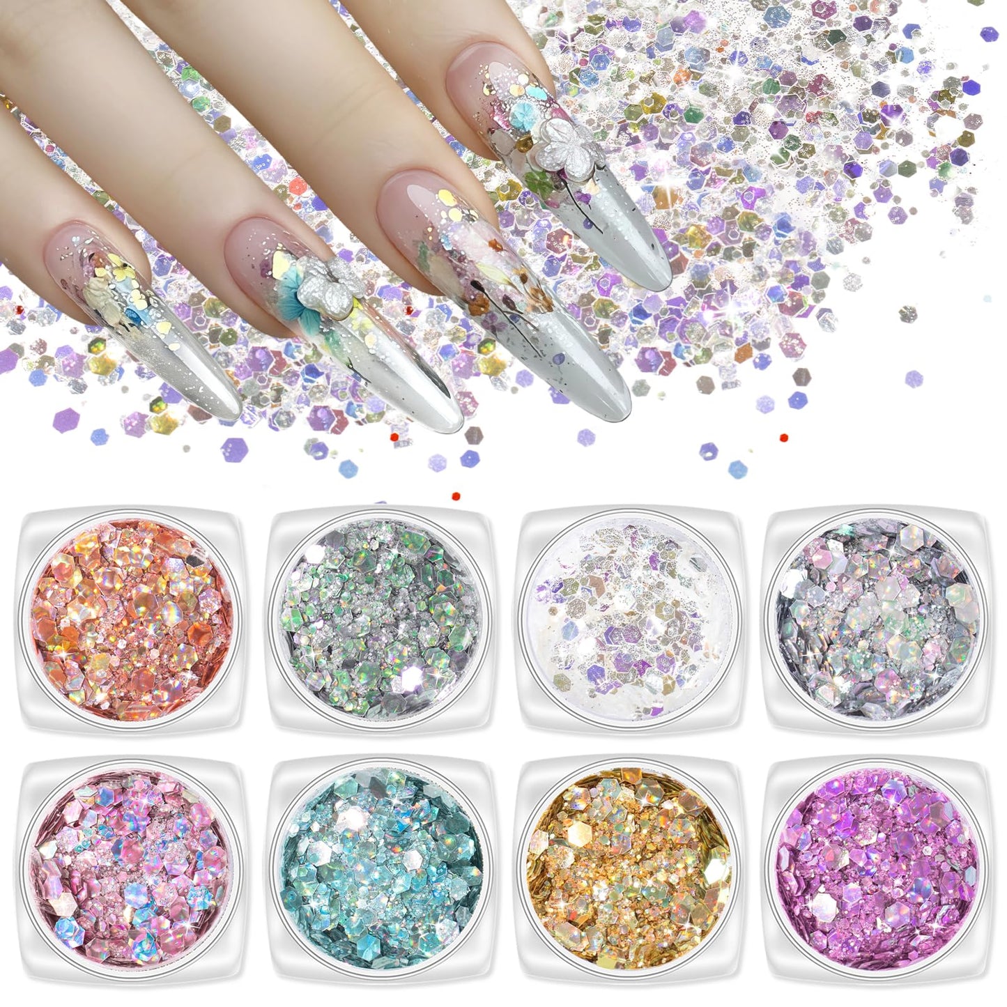 Laza 8 Colors Nail Art Glitter Diamond Dust Holographic Iridescent Glitter Mixed Chunky Glitter Confetti Foil Flakes Sequins for Nail Art, Gel Polish, Mermaid Makeup, Body, Resin-Shimmer Mirage