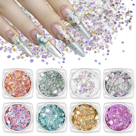 Laza 8 Colors Nail Art Glitter Diamond Dust Holographic Iridescent Glitter Mixed Chunky Glitter Confetti Foil Flakes Sequins for Nail Art, Gel Polish, Mermaid Makeup, Body, Resin-Shimmer Mirage