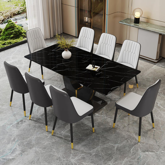 JUFU Dining Table Set for 8 with Chairs, 71'' Black Rectangular Marble Dining Room Table for 8 with 007 White and Gray PU Leather Chairs, Modern Dining Table for 8-10 eople, Ideal for Dining Room