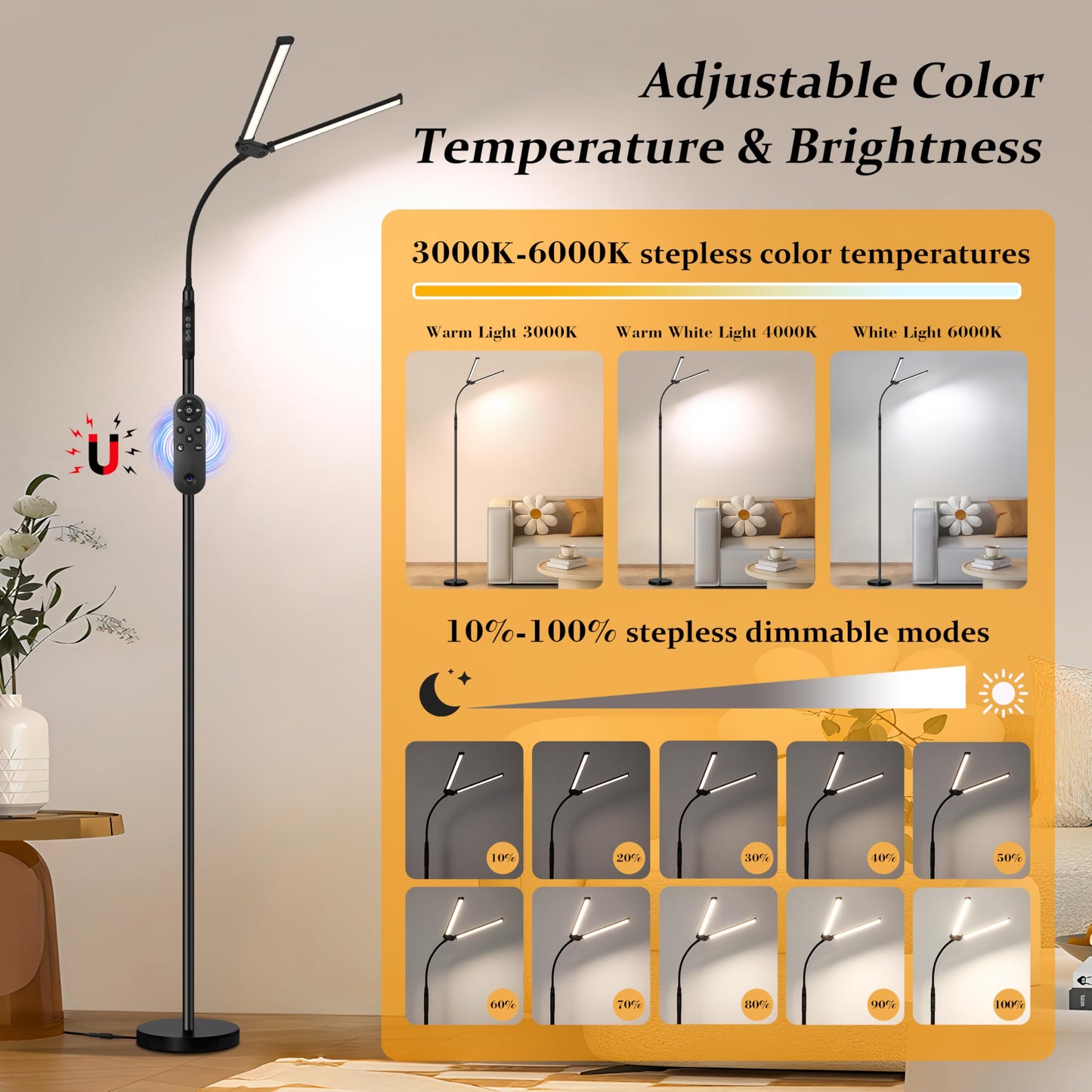 JhauvMw Dual Head LED Floor Lamp 18W, 3 Color Modes 10 Brightness, Pole Controller & Magnetic Remote, Adjustable Gooseneck, Built-in Wire, USB Eye-Caring Lamp for Living Room, Reading, Office