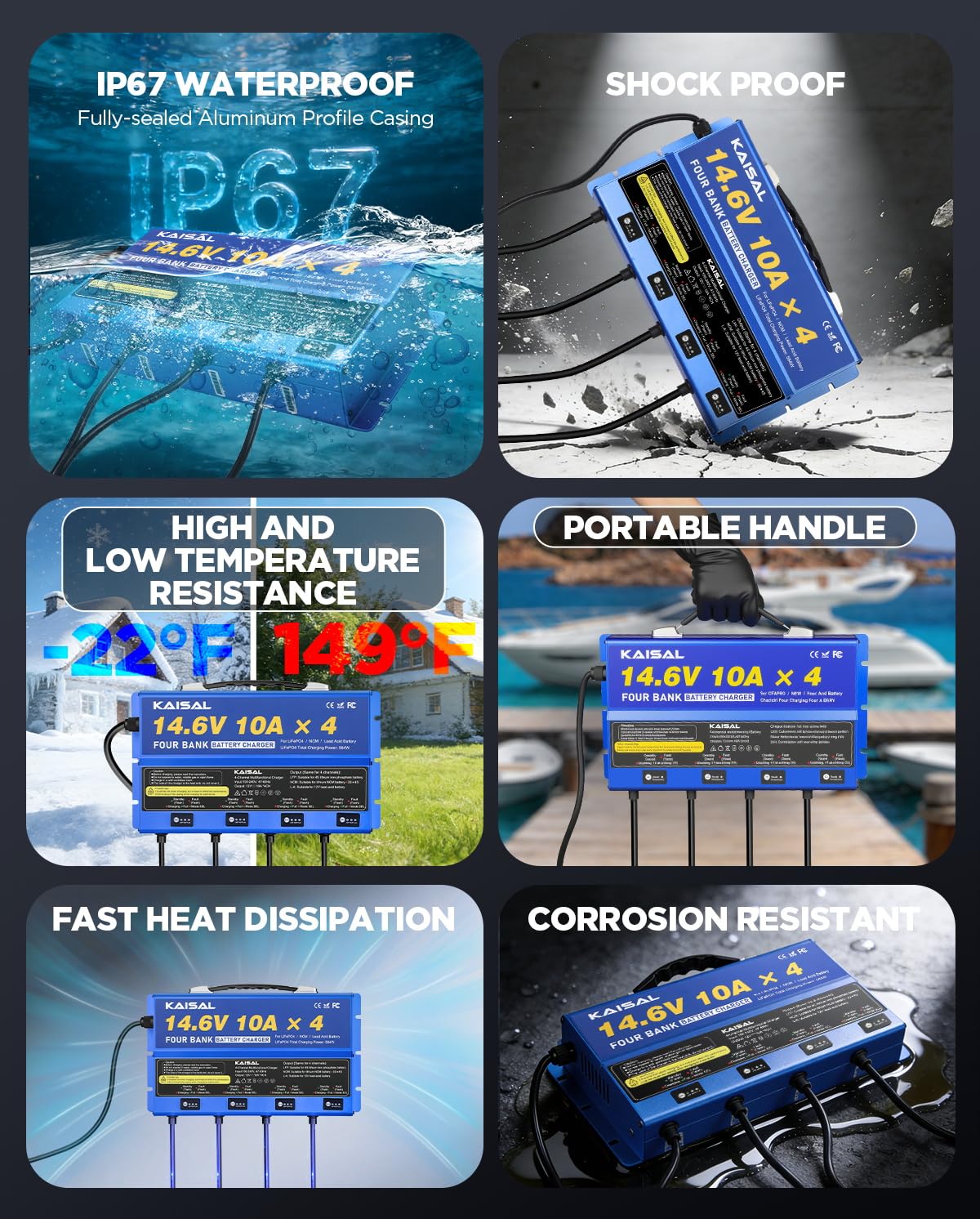 4 Bank Marine Battery Charger 12V 40A(10A/Bank) IP67 Waterproof 14.6V LiFePO4 & Lead-Acid & NCM Lithium Battery Charger 12 Volt 0V Wake Up 12V Onboard Battery Charger for Boat, Car, RV, Trolling Motor
