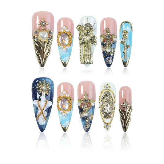 Homsera 3D Angel Press on Nails - Luxury Long Stiletto False Nails Handcrafted with Divine Artisan Design for Special Events & Galas