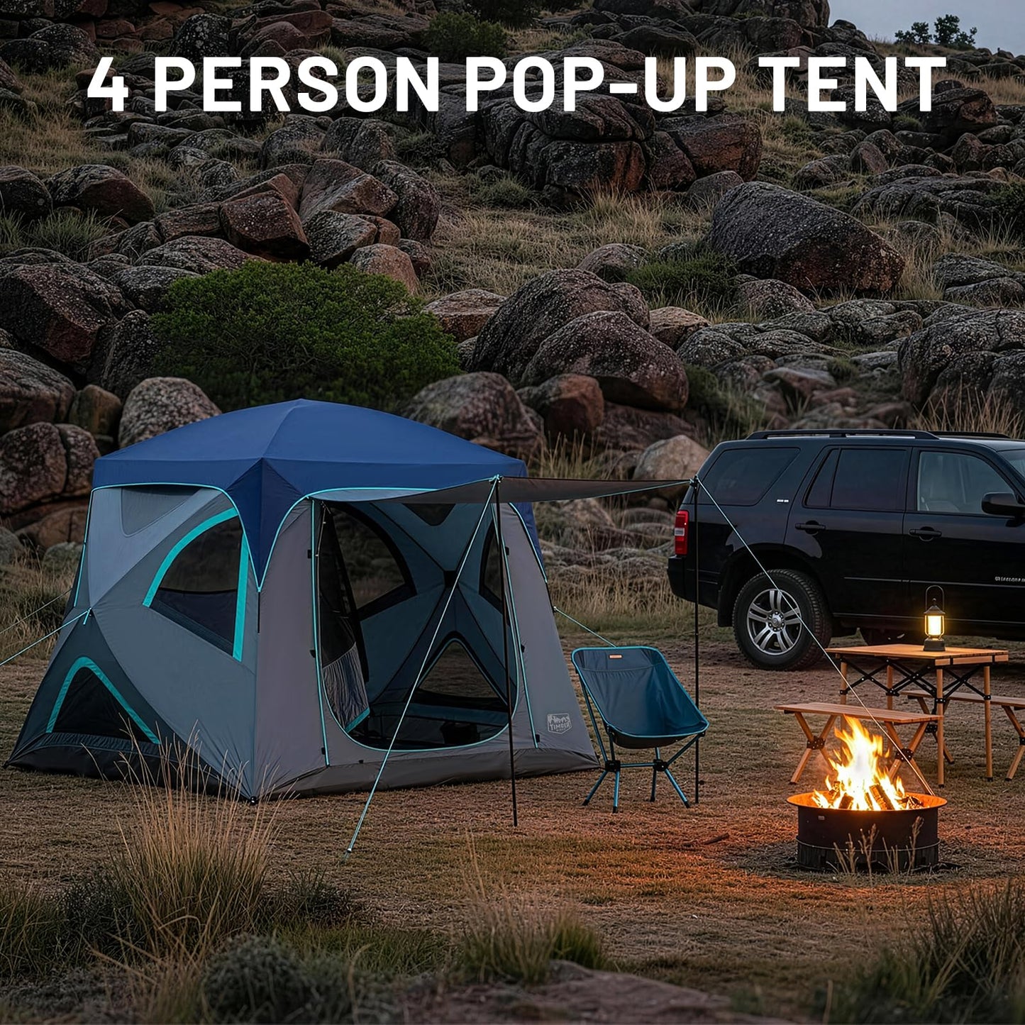 Timber Ridge Camping Tent, 4 Person Instant Pop Up Hub Tent with 8 Windows, Easy 60 Second Setup, Weather Resistant Family Cabin Tents with Rain Fly for Camping, Hiking, Outdoor Travel