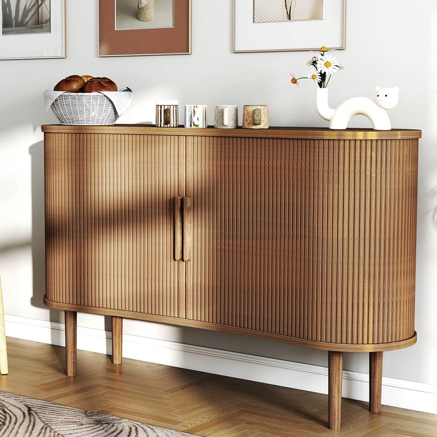 AraSyleon Mid-Century Modern Sideboard Buffet Cabinet, 55" Storage Cabinet with 4 cabinets, Decorative Fluted Sliding Doors for Bedroom Dining Room Small Space, Walnut Finish, Walnut