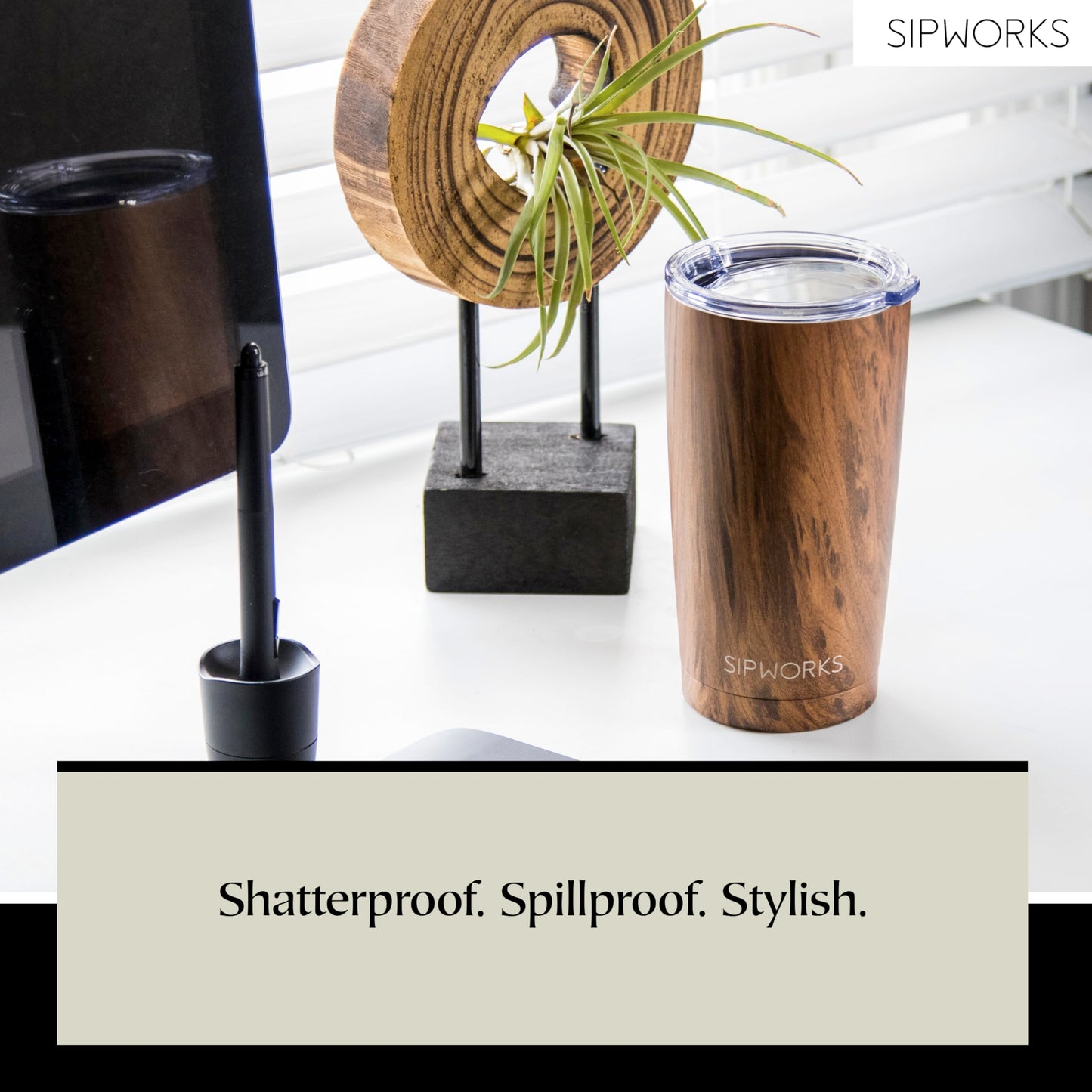 Sipworks Coffee Tumbler – 20 oz Insulated Travel Coffee Mug, Spill Resistant Stainless Steel Large Coffee Cup with Lid for Hot & Iced Drinks - Mahogany