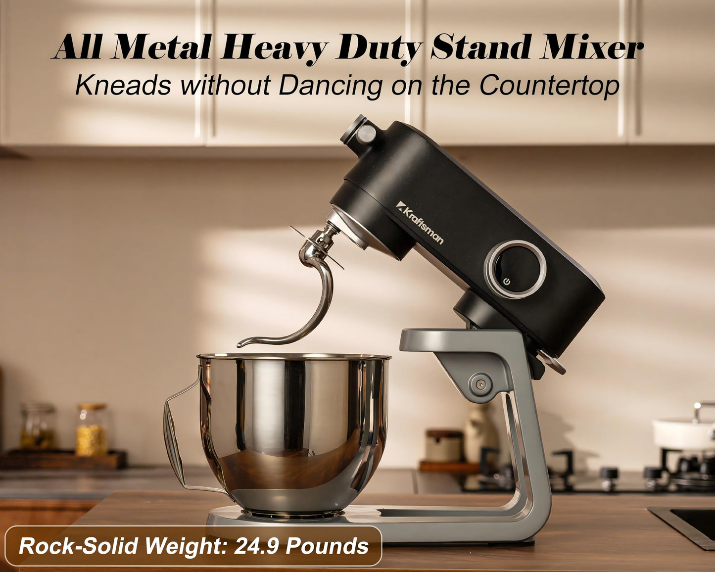 Kraftsman Stand Mixer All Metal - Heavy Duty Kitchen Standing Mixer 5.3 Quart with 4 Stainless Steel Attachments, DC Motor & Multifunctional Power Hub, 8-Speed & Timer, Lower Noise (Black)