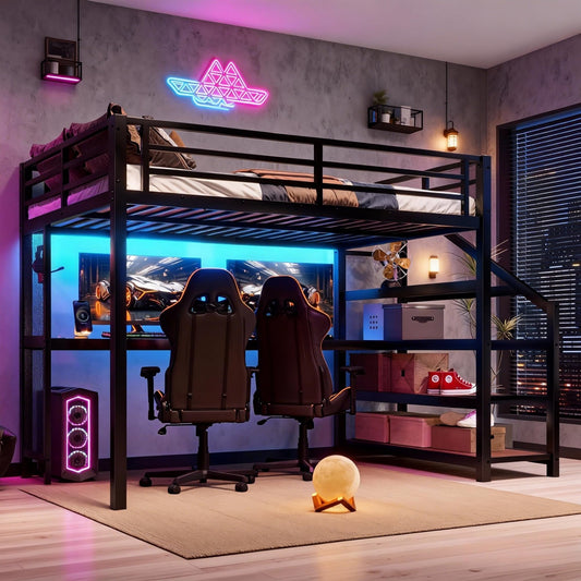 Full Size Loft Bed with Desk and Storage Stairs, Metal Loft Bed Frame with LED Lights, Charging Station, and Multi-function Iron Nets, Loftbed for Kids, Teens, Adults, Noise-free, Black and Wood