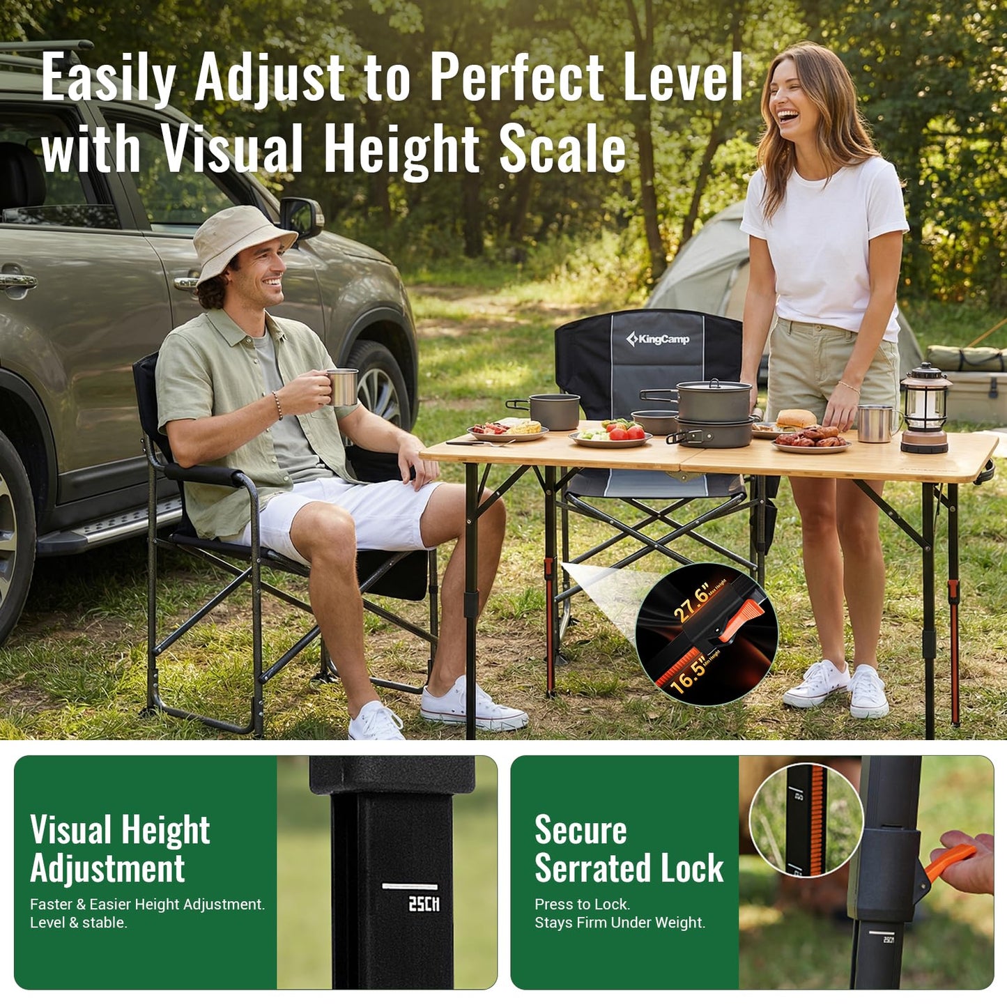 KingCamp Bamboo Folding Table, 47 Inch Large Portable Camping Table with Adjustable Height Legs for Uneven Ground, High-Strength Bamboo Surface Holds 265lbs, Multi-Scenario Table for Home & Outdoor