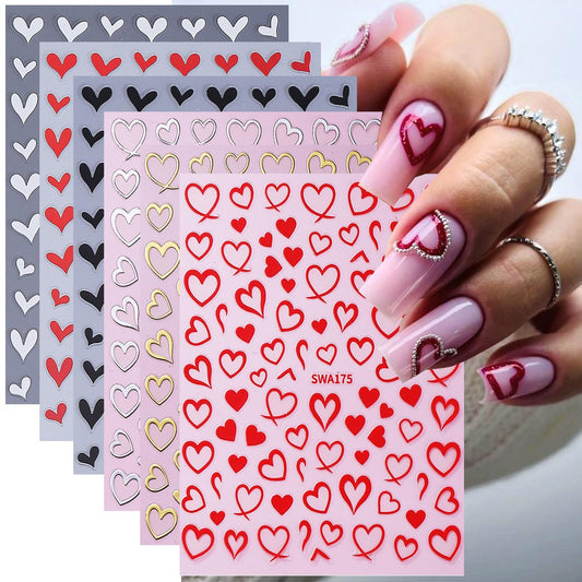 6Sheets Love Heart Nail Art Stickers Decals,3D Valentine's Heart Self-adhesive Nail Supplies Glitter Red Love Hollow Hearts Shaped Design French Nail Sticker for Women DIY Romantic Manicure Decoration