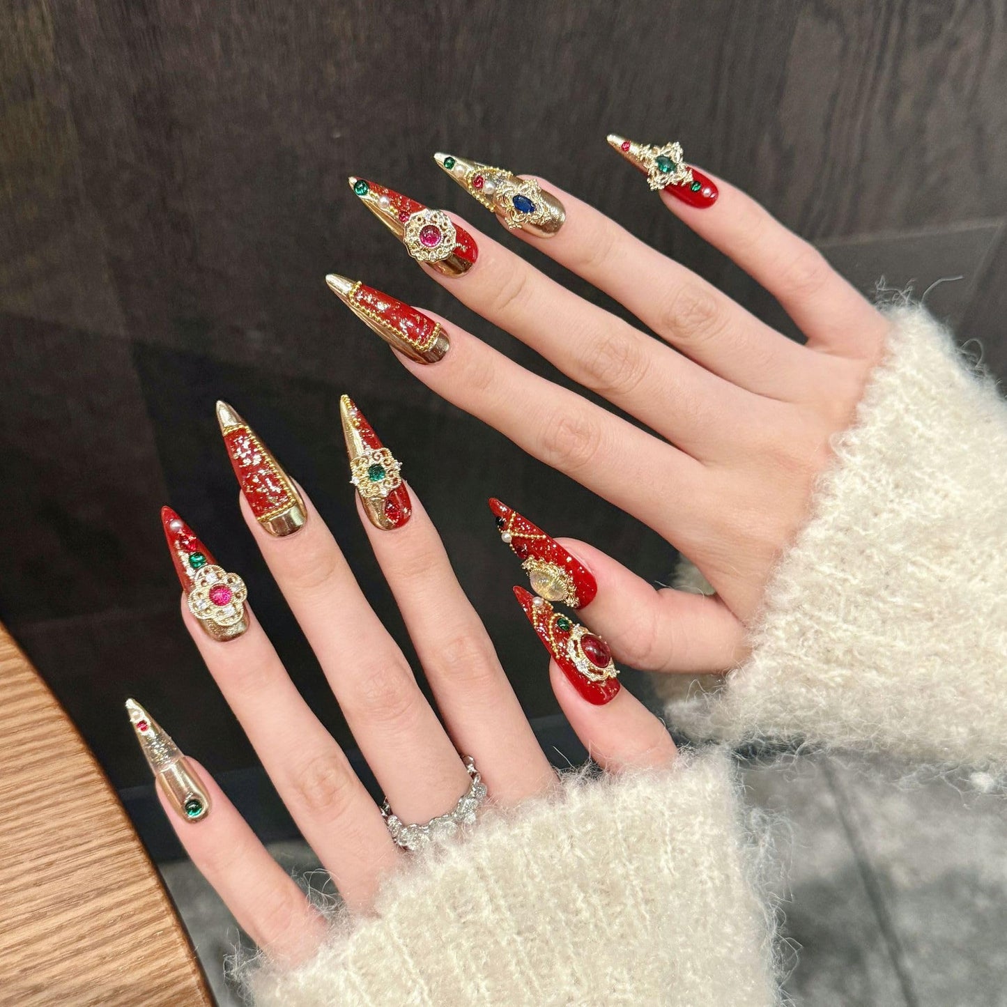 TENPAL Imperial Bridal Press On Nails Long Stiletto,Phoenix Vermeil Ruby Filigree Designs Glue on Nails,Heirloom Cameo False Nails 10Pcs with Tools Kit,Reusable Wedding Fake Nails for Bride Matron(S)
