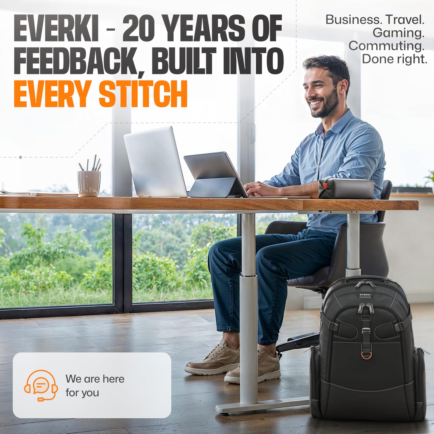 EVERKI Business 120 Laptop Backpack 40L with Rain Cover - Large Compartment Fits Up To 18.4", Travel Friendly Lightweight Business & Office Bag, 180° Fold-Out Design, Multiple Padded Pockets, Black