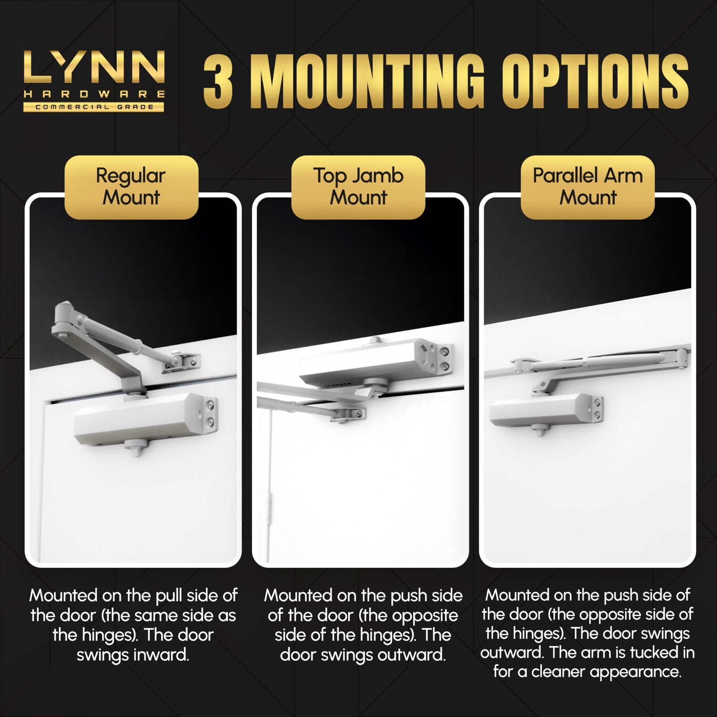 LYNN HARDWARE Light Duty Automatic Door Closer (Dark Bronze) - Highly Durable Cast Aluminum, Commercial or Home Use, Adjustable Speed Controls, 3 Mounting Options, 3 Hour Fire Rated (DC5003 Model)