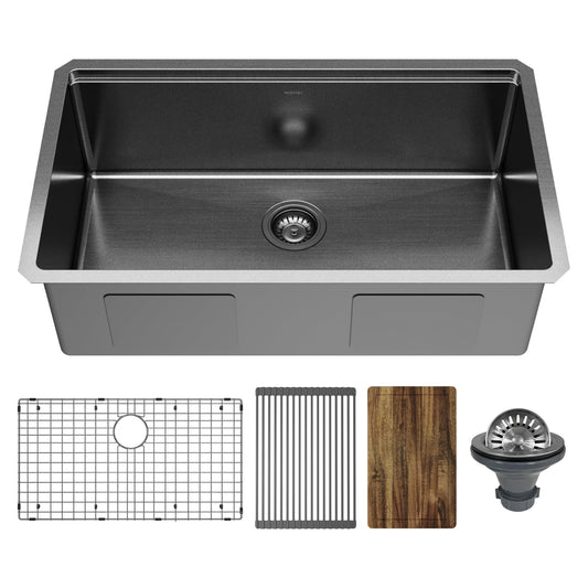 Karran Elite 32 Inch Gunmetal Black Workstation Kitchen Sink, 16 Gauge Nano PVD Stainless Steel Undermount Sink, Deep Single Bowl with Grid, Cutting Board, Drying Mat & Strainer