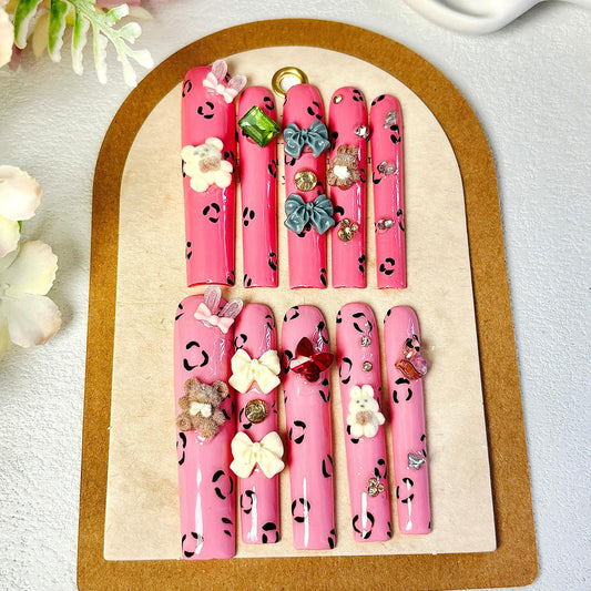Long Square Pink Press on Nails -Cute Decorative Fake Nails with Bowknot for Women