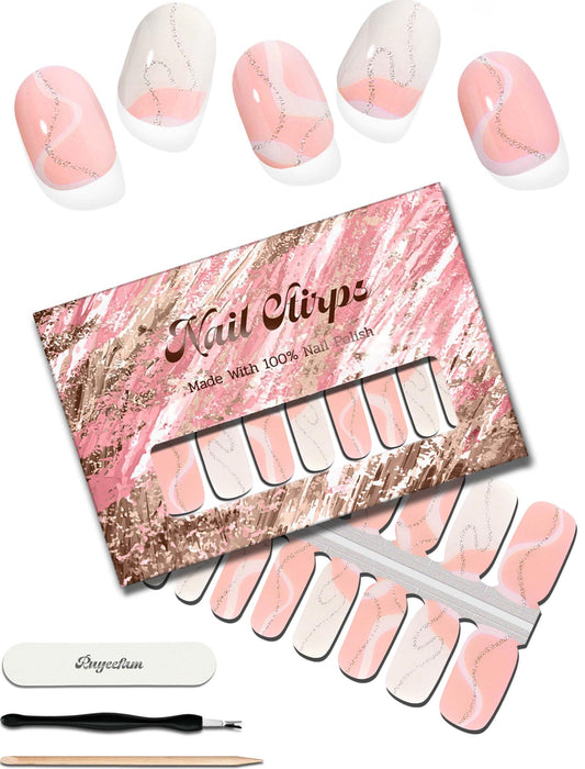 ruyeefam Glitter Nail Polish Strips, 32 Pcs Salon Quality Gel Nail Stickers, Long Lasting Wraps Easy to Use & Remove (Pink White Stripes)