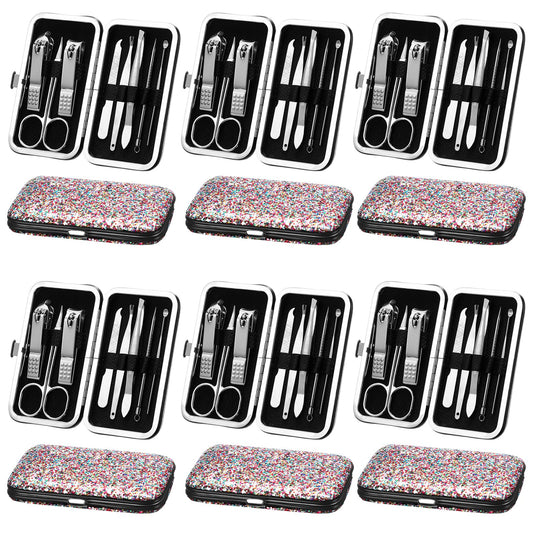 Geosar 12 Set 8 in 1 Manicure Gifts for Mothers Day Bulk Stainless Steel Nail Clippers Kit Pedicure Care Tools with Leather Case Travel Grooming Kit Gift for Women Men Hands Foot(Glitter Candy Color)