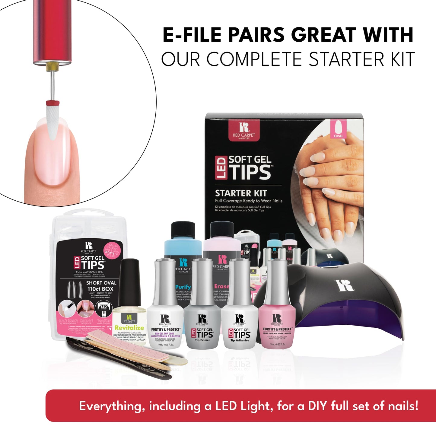 RC Red Carpet Manicure E-File Electric Nail File - Lightweight, Portable Nail Drill, Shaping, Filing, Gel Removal - 12 Interchangeable Bits & 6 Sanding Bands.