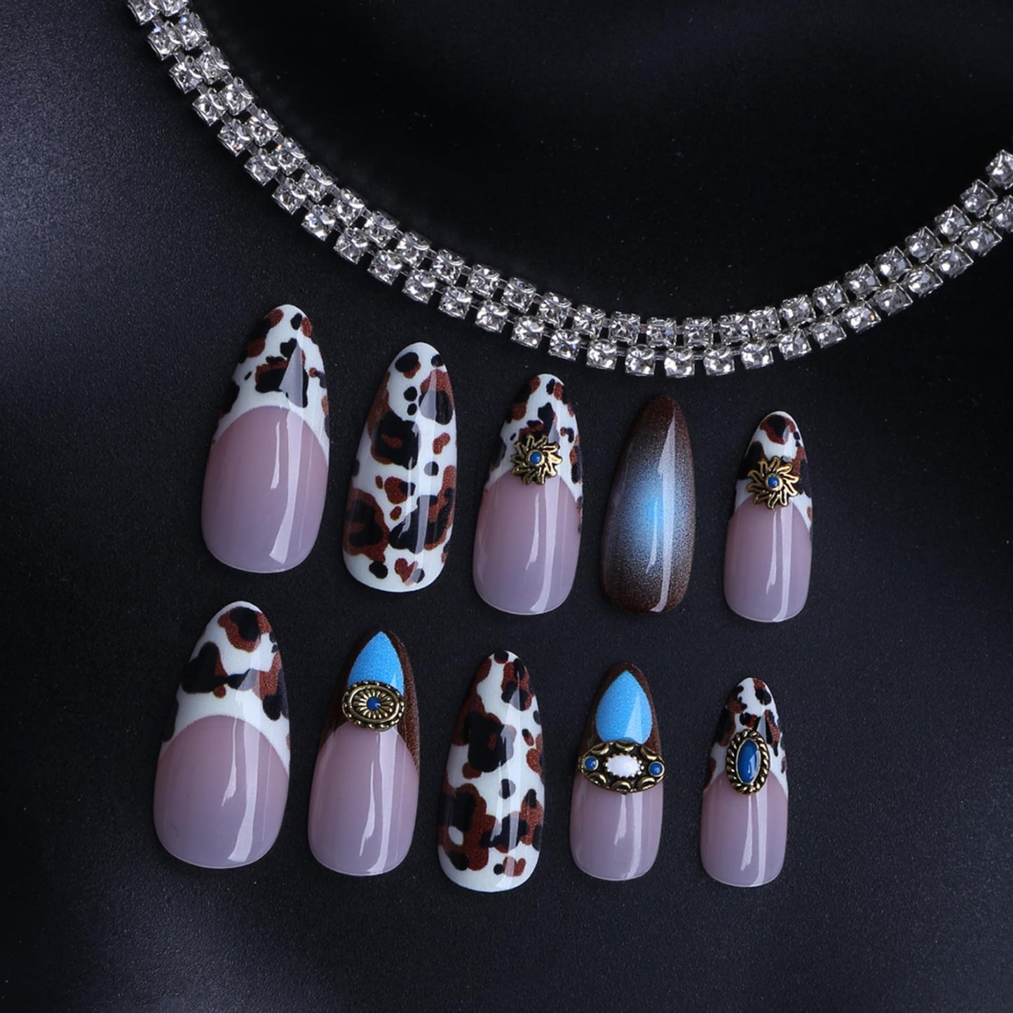 octoswave Press on Nails Long Almond, 24 Pcs Western Cowboy Brown Cow Print and Turquoise Design Fake Nails with Jelly Glue, Glossy French Nail Art for Daily Wear and Vacation, Reusable