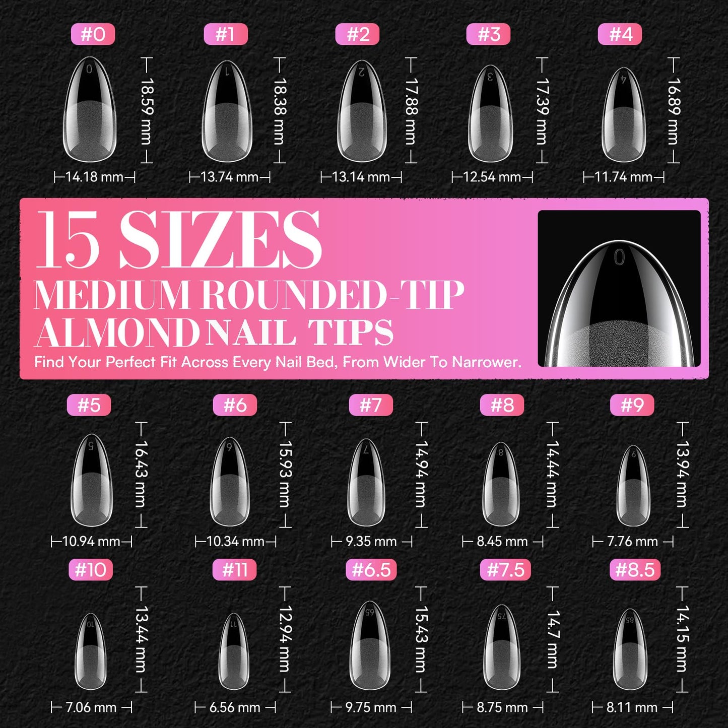 Makartt Medium Almond Nail Tips: 240PCS, 15 Sizes, Half Matte, Clear Fake Nails Stiletto Shapes - Full Cover Soft Acrylic Press On Nail Extensions for Flat Natural Nail Beds Salon and Home DIY