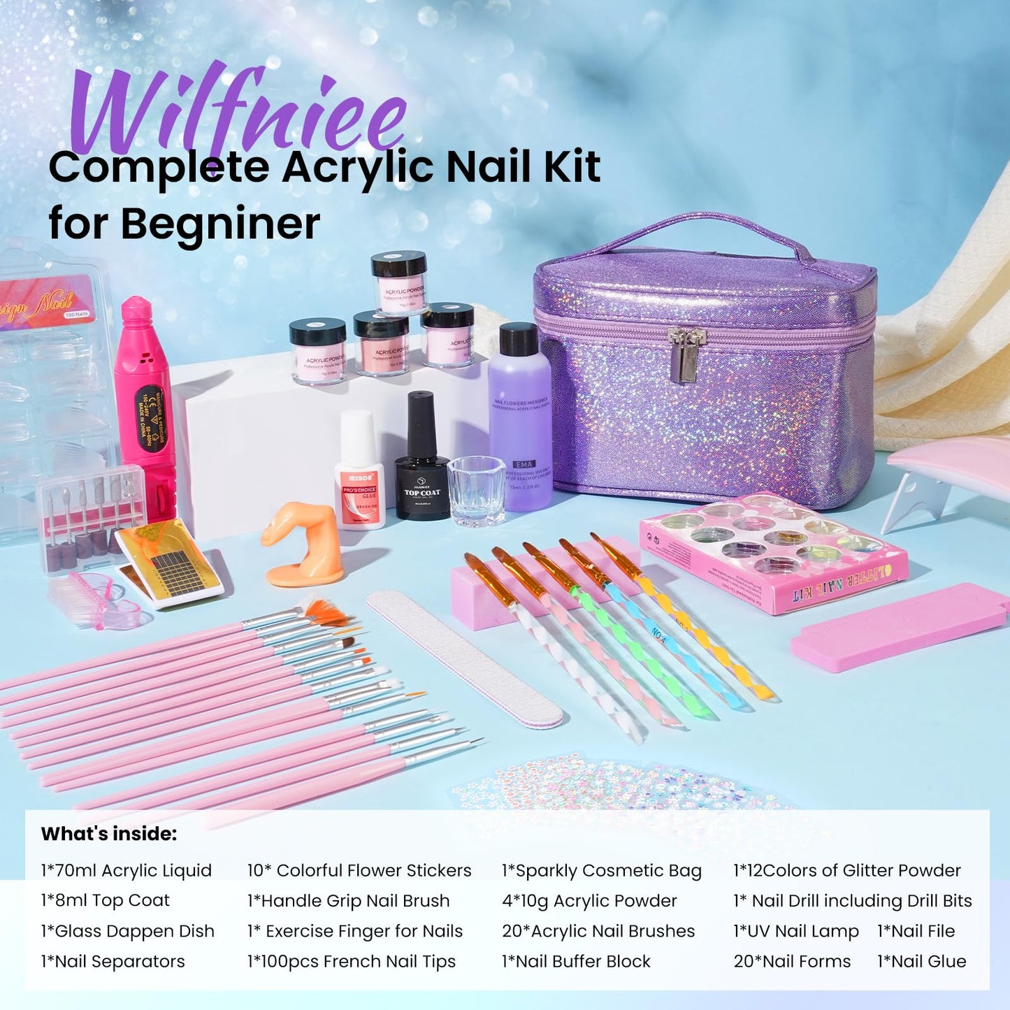Nail Kit for Beginners with Everything: Acrylic Nail Set Professional Drill Powder Liquid Starter Kits with U V Lamp in Cosmetic Gift Bag for Women Salon Home(Purple)