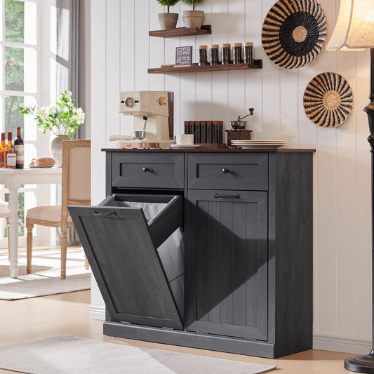 IFGET Double Tilt Out Trash Cabinet, 20 Gallon Farmhouse Laundry Hamper Cabinet with 2 Drawers, Hidden Wooden Trash Can Cabinets with Storage Basket for Kitchen, Living Room (Dark Grey)