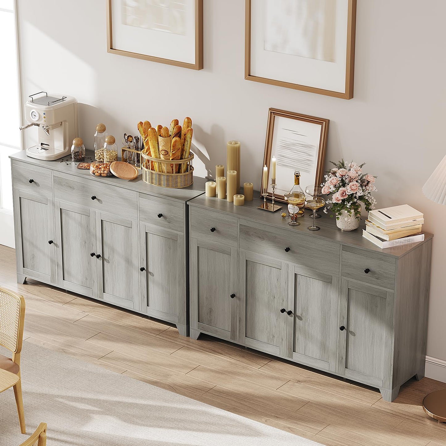 GarveeHome 55 in Sideboard Buffet Cabinet with Storage, Minimalist Kitchen Storage Cabinet with 3 Drawers & 4 Doors, Buffet Console Table Coffee Bar with Adjustable Shelf for Dining Living Room- Grey