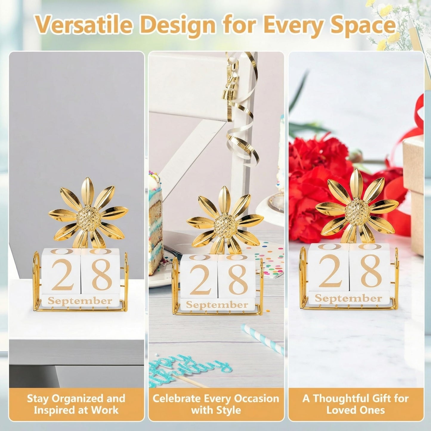 SUPVOX Wooden Perpetual Calendar Blocks for Desk, Office, Home Decor, Adjustable Wood Month Date Display Blocks, Sunflower Design, 4.72 X 3.54 X 1.57 Inches