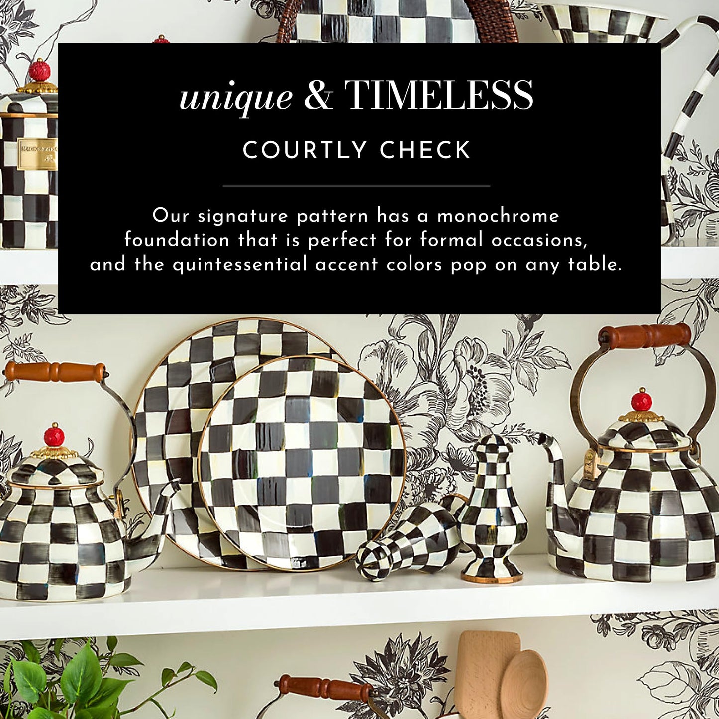 MACKENZIE-CHILDS Enamel Tea Party Set, Unique Teapot and Teacups, Tea Accessories Set, Black-and-White Courtly Check