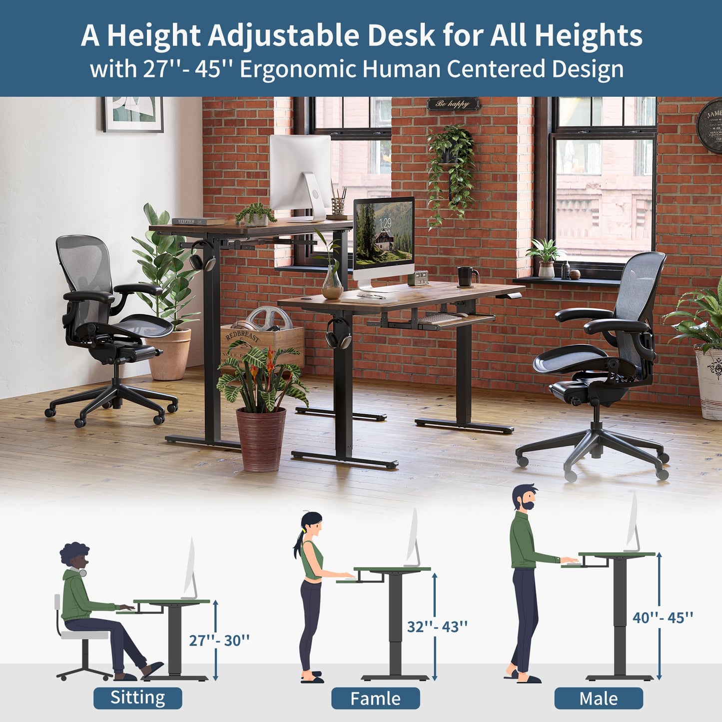 BANTI 63''x24''Standing Desk Adjustable Height with Keyboard Tray, Raising Desk, Sit Stand Up Desk for Home Office and Computer Workstation, Rustic Brown