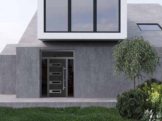 Front Exterior Prehung Steel Door/Ronex 0131 Black Enamel / 2 Side and Top Exterior Window Sidelite/Stainless Inserts Entry Metal Modern Painted W16+36+16" x H80+16" Left Hand Inswing