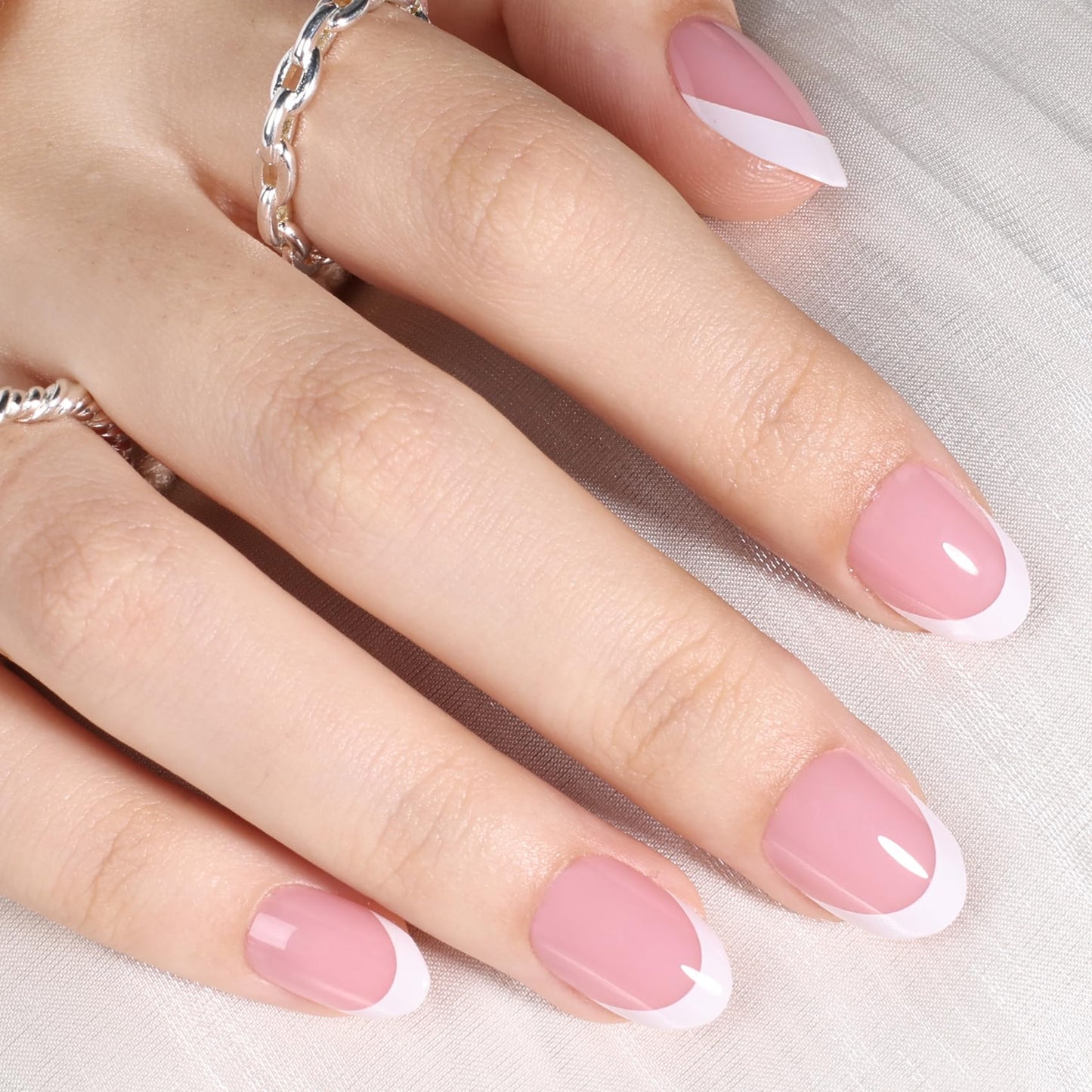 White French Tip Press On Nails Oval - Short Oval White French Tip Fake Nails with Nail Glue, Pink Press On Nails Reusable Stick On Nails in 16 Sizes - 32 Nail Kit for Women | Salon Quality