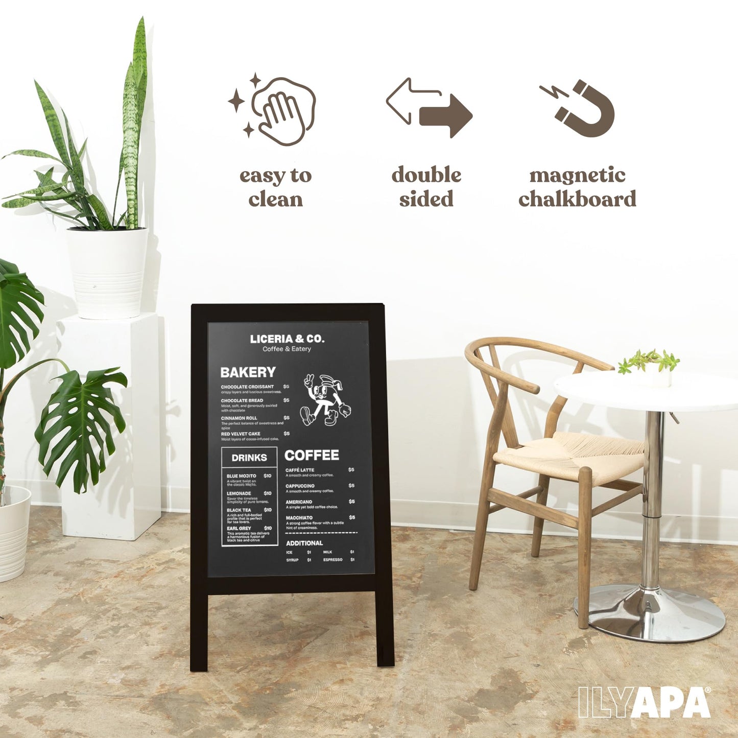 Ilyapa Wooden A-Frame Chalkboard Sign with Eraser, 40 x 20 Inch Magnetic Sidewalk Menu Board, Black Menu Display for Restaurant, Business, or Weddings