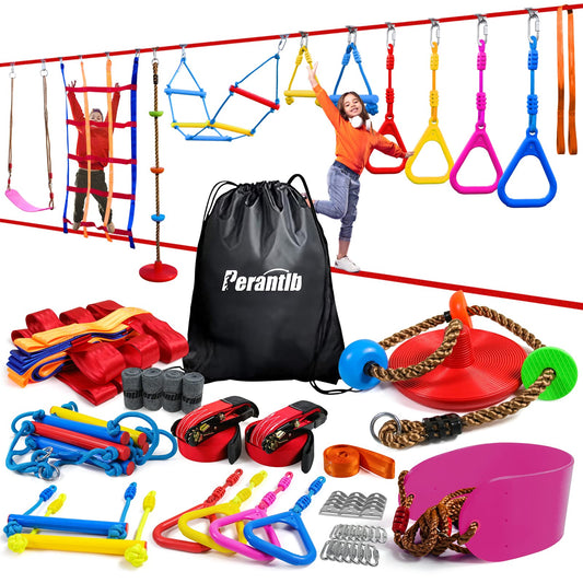 Ninja Warrior Obstacle Course for Kids-Playground Fitness Equipment Ninja Slackline with Multiple Accessories for Kids,Contain Swings,Rope ladders,Rings,Ninja Couse for Kids Outside (2x56ft)